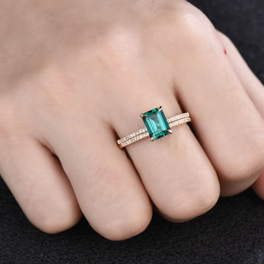 Emerald engagement ring 2pcs bridal set-Solid 14k Yellow gold-handmade wedding ring-Emerald cut birthstone promise ring-Lab emerald ring