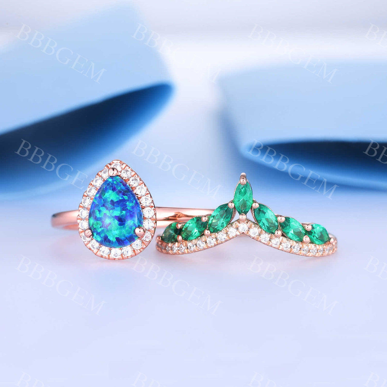 Halo Pear Blue Lab Created Opal Bridal Set Marquise Emerald Diamond Matching Band Rose Gold