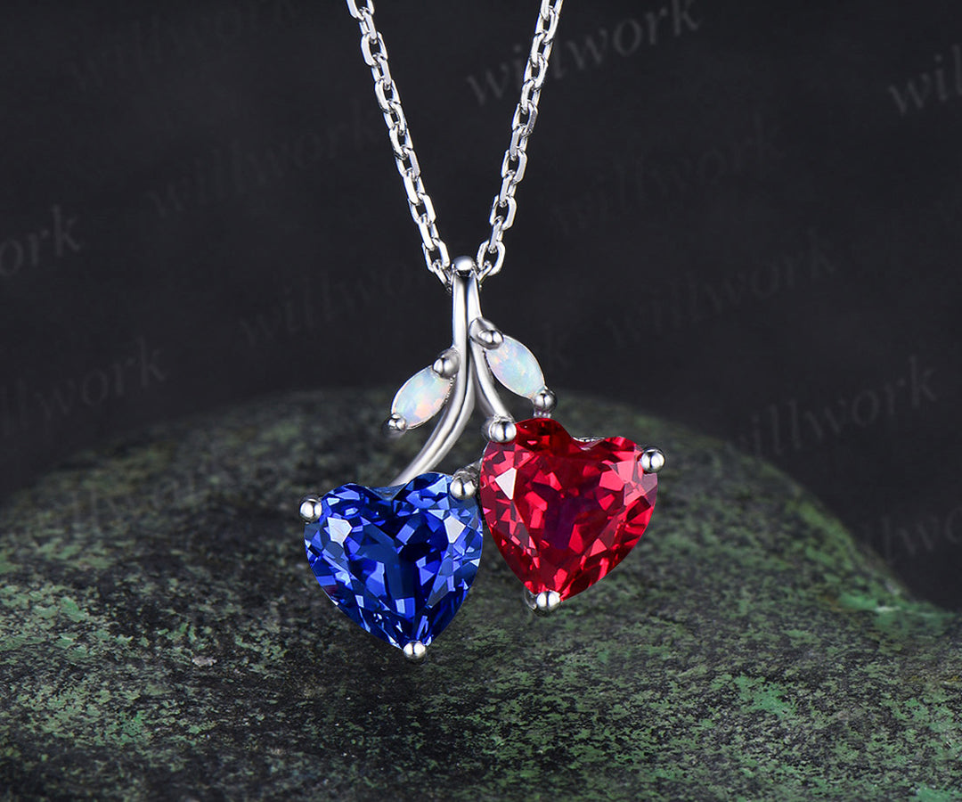 Double Heart Shaped Sapphire Ruby Necklace 14k White Gold Four Stone Pendant Birthstone Gift