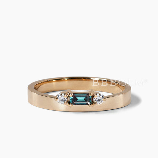 14K Rose Gold Baguette cut Alexandrite Diamond Dainty Three Stone Wedding Band