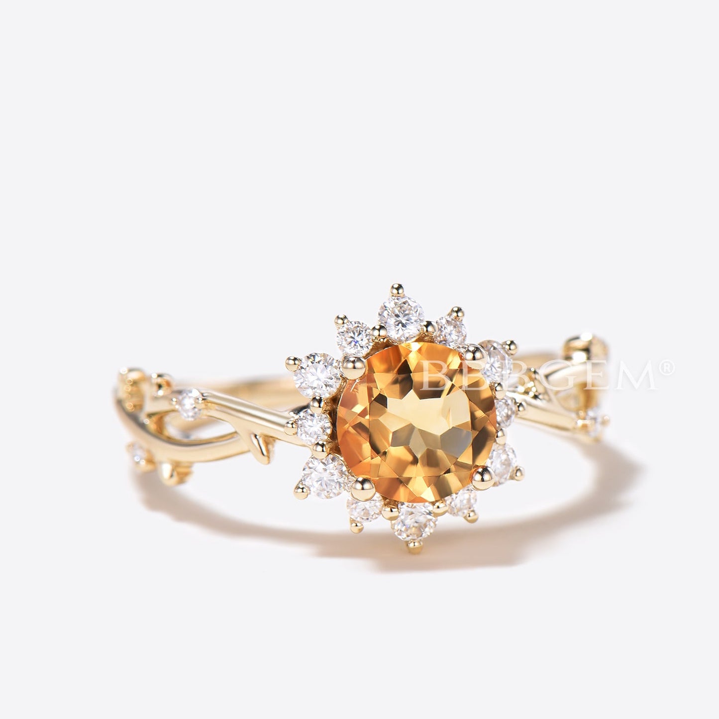 1ct Round Cut Natural Citrine Diamond Halo Wedding Ring Twig Vine Band