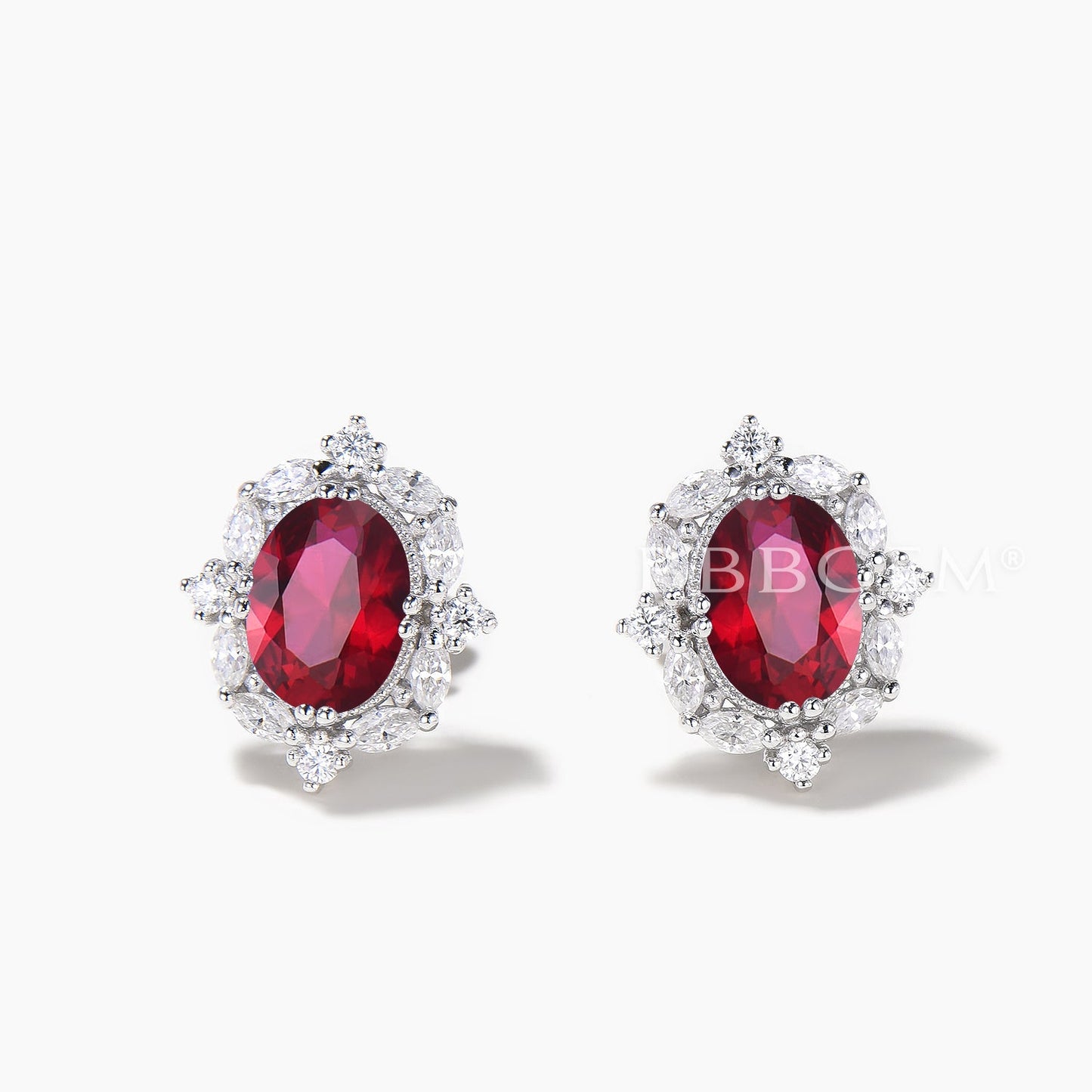 1.5CT Oval Cut Ruby White Gold Stud Earrings Moissanite Halo Wedding Earrings