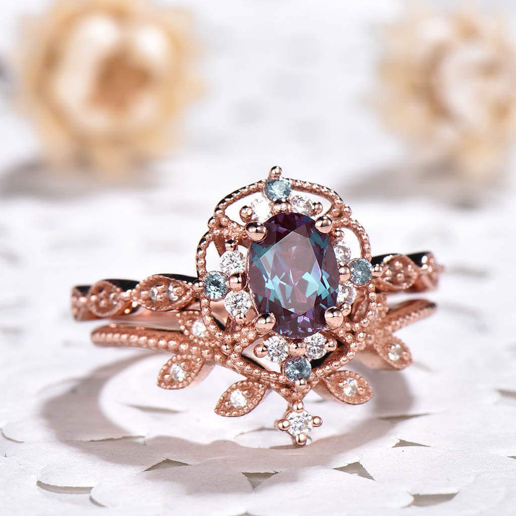 14K/18K Milgrain Filigree Alexandrite Diamond Engagement Rings Wedding Set