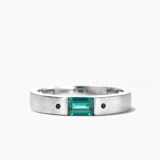 4mm Baguette Cut Emerald Engagement Ring Blue Sandstone Three Stone Ring