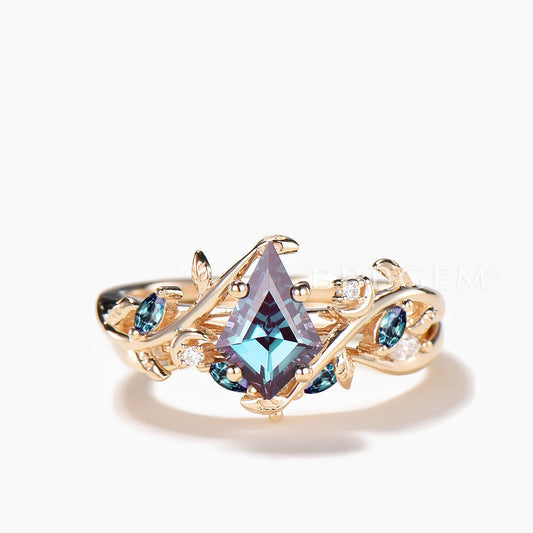 Kite Cut Color-change Alexandrite Wedding Ring Diamond Nature Inspired Ring Set