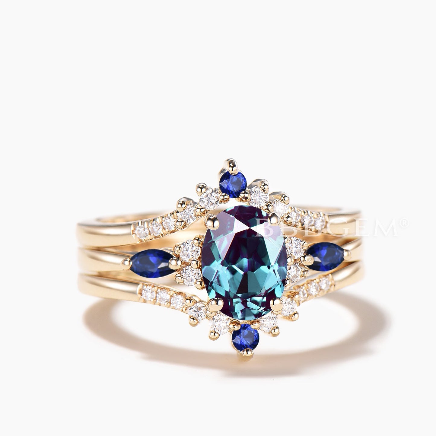 3pc Bridal Set 1.5CT Oval Cut Color-change Alexandrite Ring Diamond Curved Band