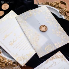 Gold Foil Vellum Wrap With Delicate Flowers Wedding Invitation Swpi134