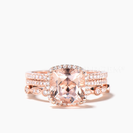 3 Carat Cushion Morganite Wedding Set Three Pieces Diamond Art Deco Half Eternity Rose Gold Engagement Ring
