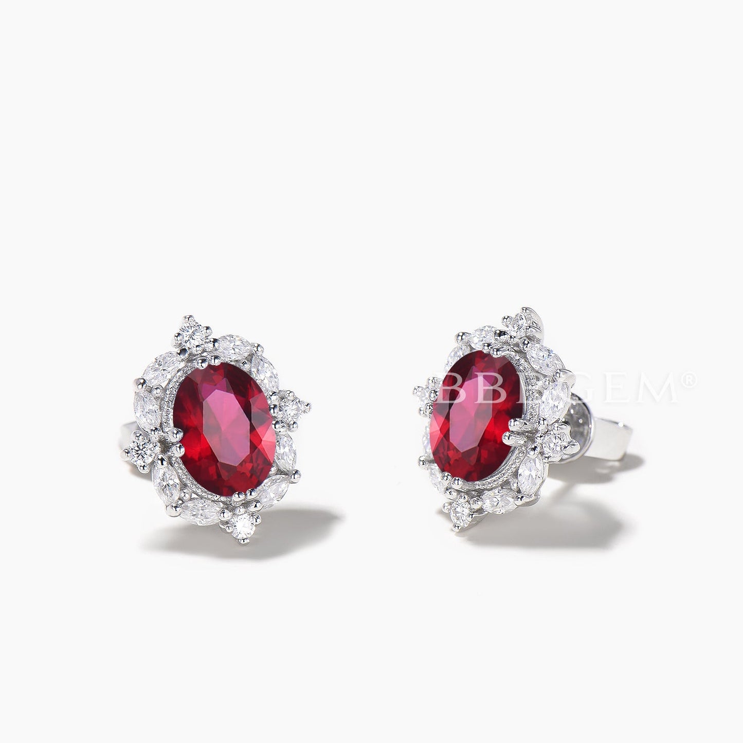 1.5CT Oval Cut Ruby White Gold Stud Earrings Moissanite Halo Wedding Earrings