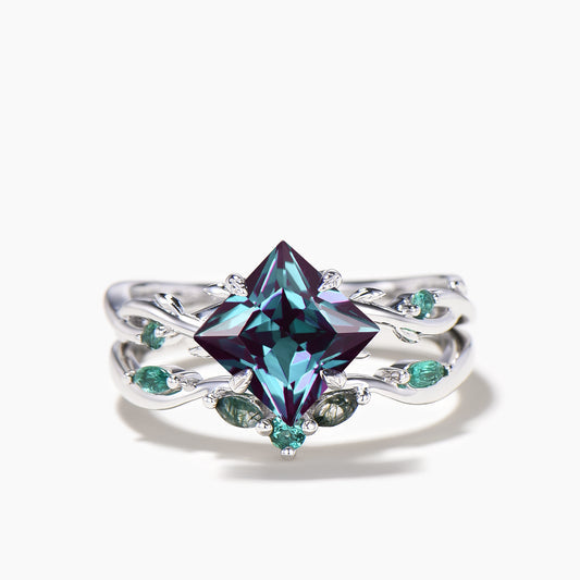 2ct Princess Cut Color-change Alexandrite Moss Agate Twig Vine Emerald Bridal Set
