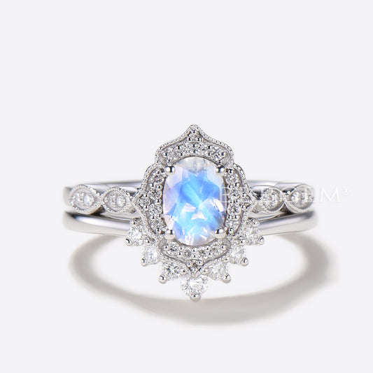 14K/18K Rose Gold Rainbow Vintage Milgrain Moonstone Diamond Bridal Set