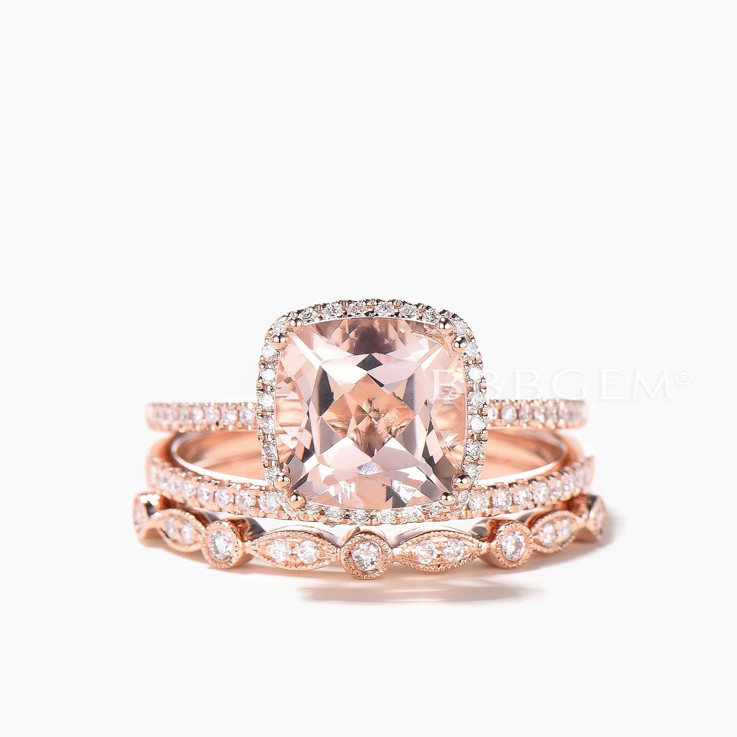 3 Carat Cushion Morganite Wedding Set Three Pieces Diamond Art Deco Half Eternity Rose Gold Engagement Ring
