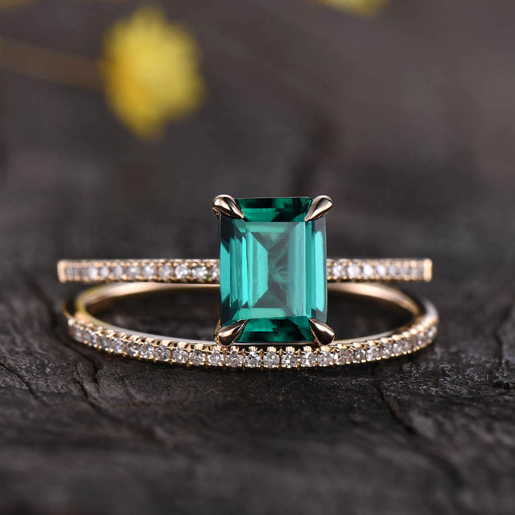 Emerald engagement ring 2pcs bridal set-Solid 14k Yellow gold-handmade wedding ring-Emerald cut birthstone promise ring-Lab emerald ring