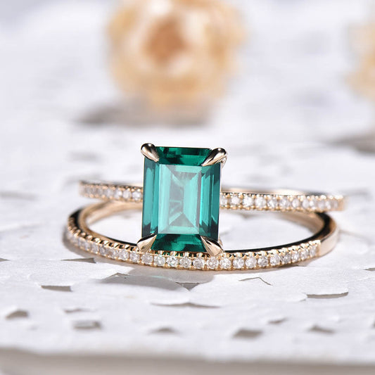 Emerald engagement ring 2pcs bridal set-Solid 14k Yellow gold-handmade wedding ring-Emerald cut birthstone promise ring-Lab emerald ring
