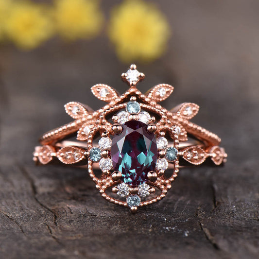 14K/18K Milgrain Filigree Alexandrite Diamond Engagement Rings Wedding Set