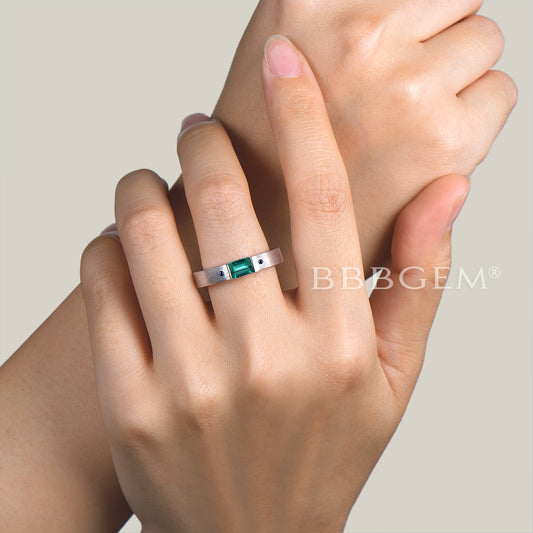 4mm Baguette Cut Emerald Engagement Ring Blue Sandstone Three Stone Ring