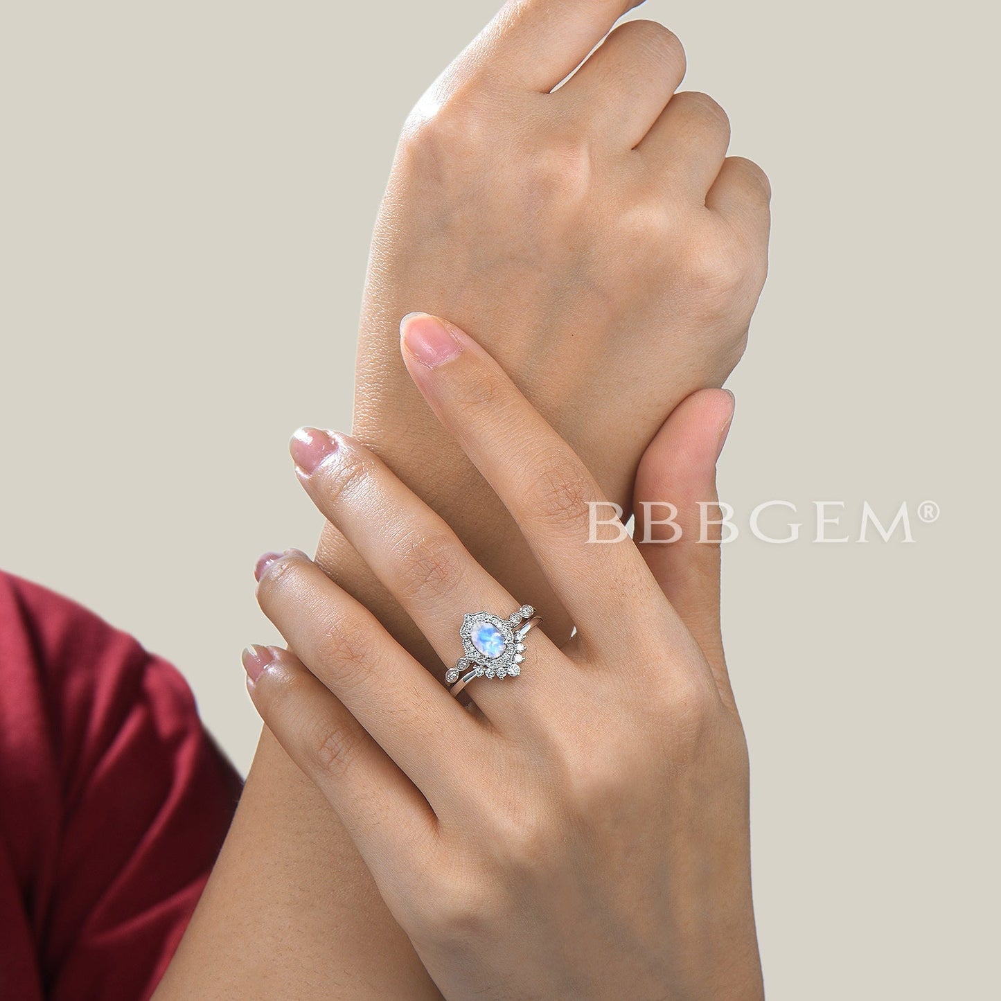 14K/18K Rose Gold Rainbow Vintage Milgrain Moonstone Diamond Bridal Set