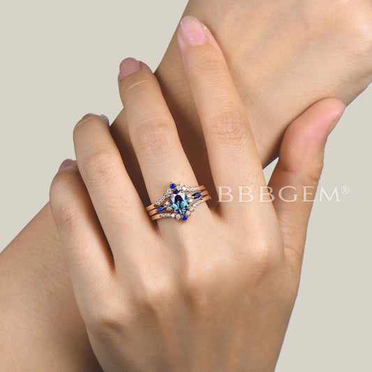 3pc Bridal Set 1.5CT Oval Cut Color-change Alexandrite Ring Diamond Curved Band