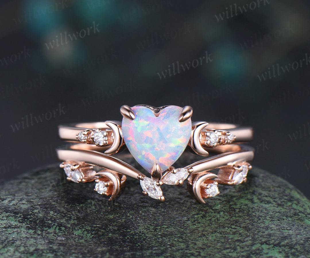 Heart Shaped Opal Art Deco Moon Engagement Ring Set Five Stone Diamond Promise Ring Marquise Diamond Moon Band Unique Bridal Set