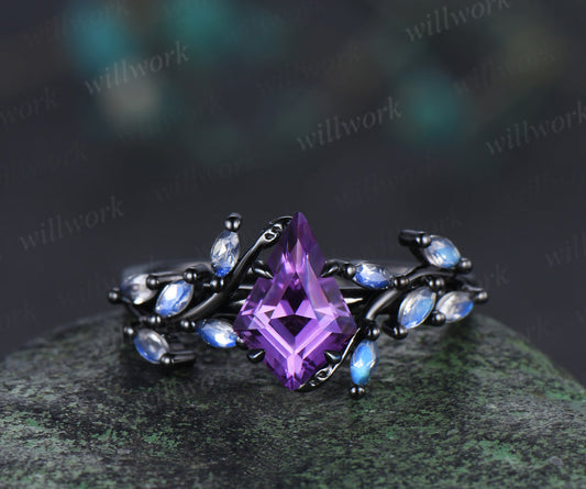 Kite Cut Amethyst Engagement Ring Unqiue Black Gold Moonstone Cluster Leaf Twig Bridal Ring Anniversary Promise Ring Gifts For Her