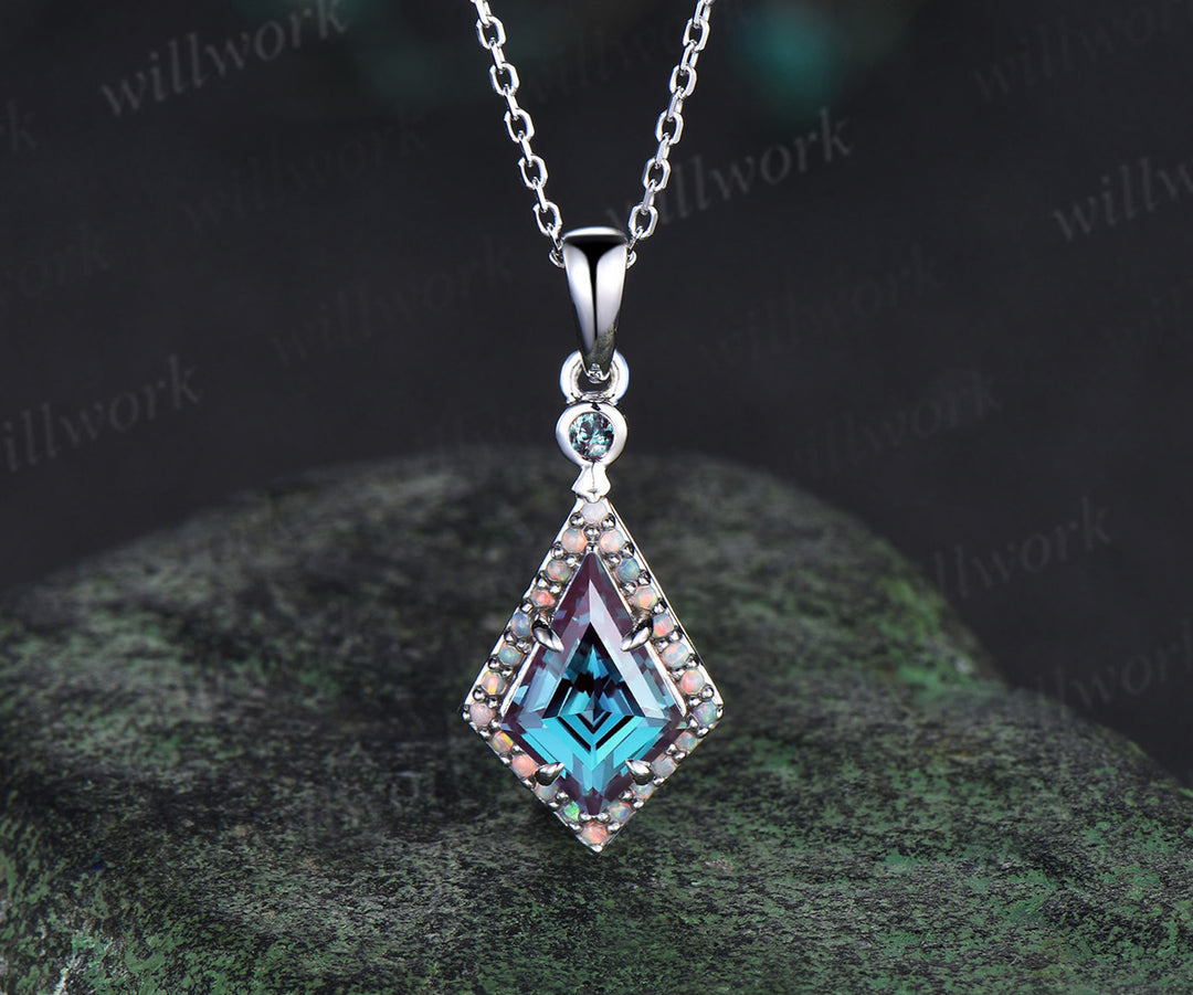 Kite Cut Alexandrite Pendant Necklace Dainty Opal Halo Pendant Color-Change Gemstone Jewelry June Birthstone Gift For Her