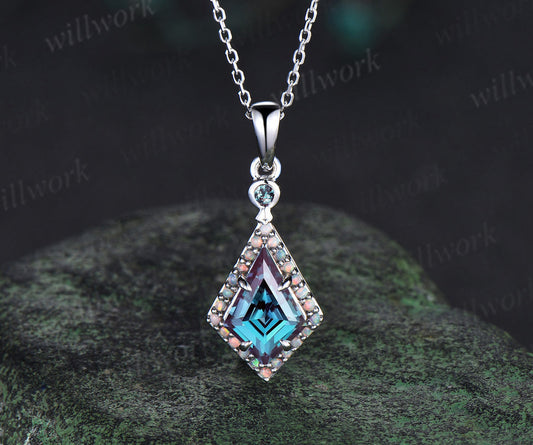 Kite Cut Alexandrite Pendant Necklace Dainty Opal Halo Pendant Color-Change Gemstone Jewelry June Birthstone Gift For Her