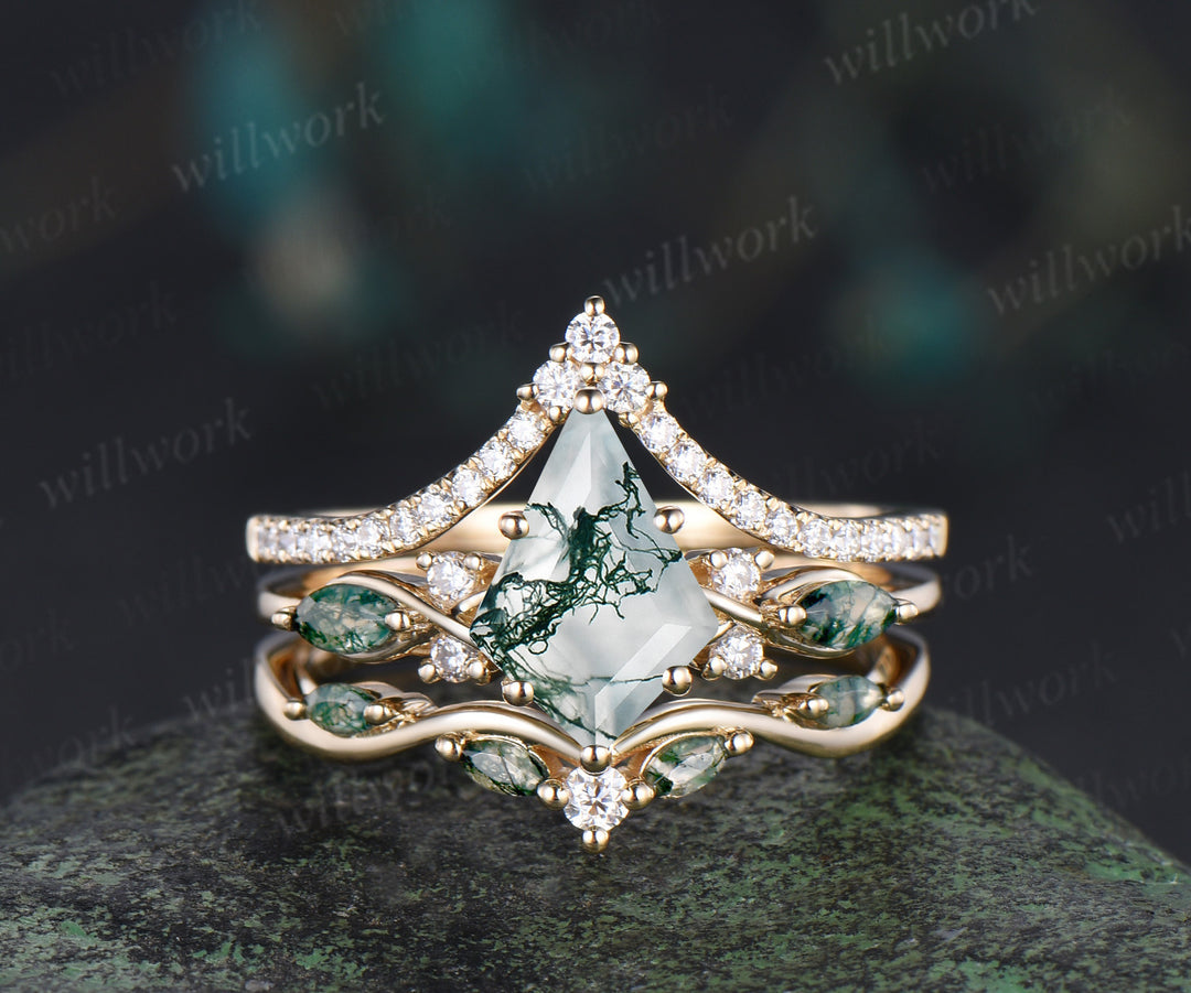 Kite Cut Moss Agate Engagement Ring Set Unique Marquise Moss Agate Ring Diamonds Half Eternity Curved Wedding Band Vintage Bridal Set