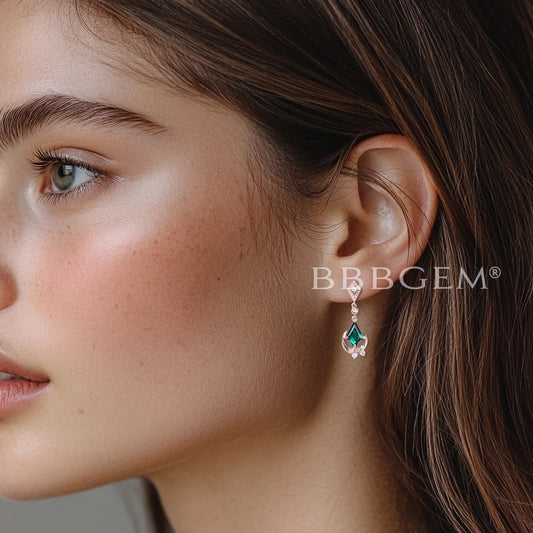 1CT Kite Cut Emerald Drop Earrings Diamond Cluster Moon Rose Gold Earrings