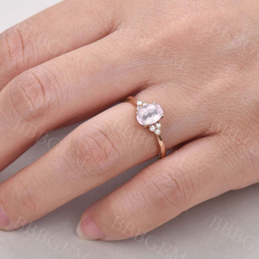 Dainty Rose Gold Rose Quartz Engagement Ring Diamond Ring Plain Gold Band