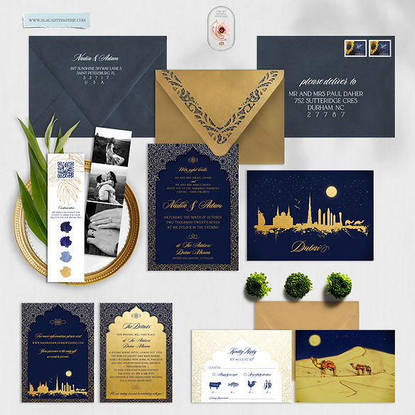 Dubai United Arab Emirates Gold Watercolor Illustrated Wedding Invitation Set