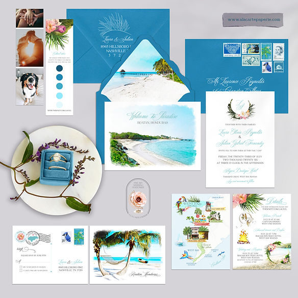 Honduras Roatan Half Moon Bay Watercolor Destination Wedding Invitation Set