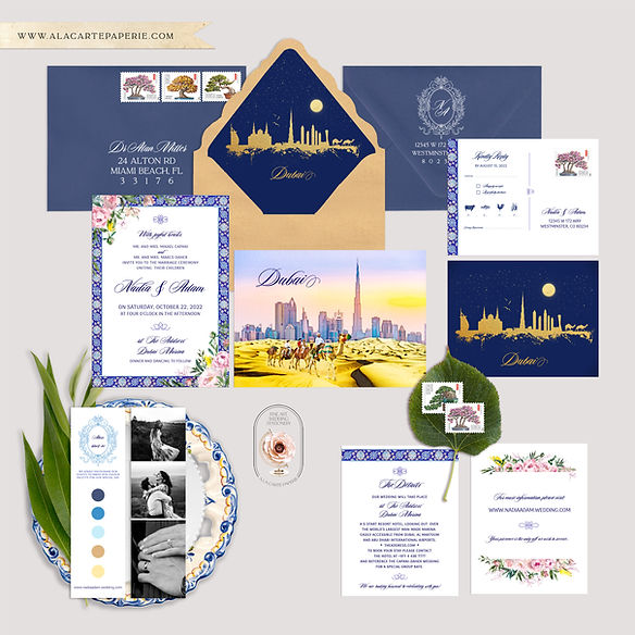 Dubai United Arab Emirates Watercolor Illustrated Wedding Invitation Set