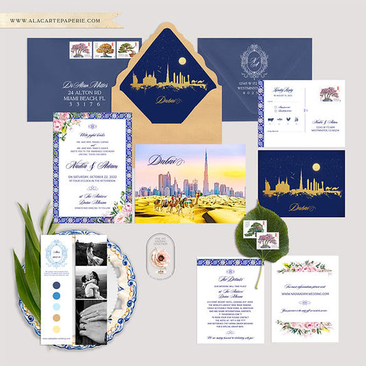 Dubai United Arab Emirates Watercolor Illustrated Wedding Invitation Set