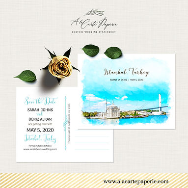 Istanbul Turkey Save the Date Watercolor Illustrated postcard Turkish Wedding