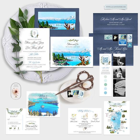 Lake Tahoe California Nevada US Watercolor Destination Wedding Invitation Set