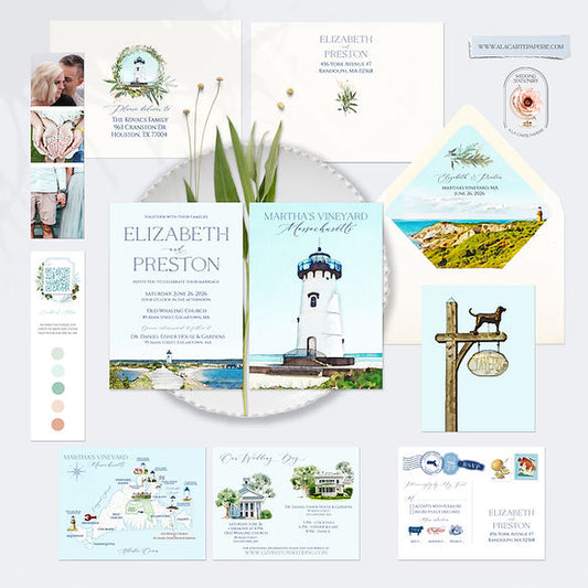 Martha's Vineyard MA Watercolor Illustrated Destination Wedding Invitation Set