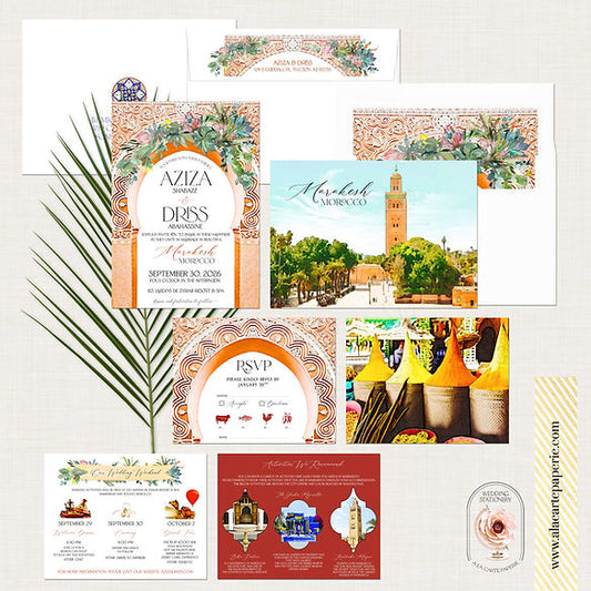 Marrakech Morocco Terracotta Watercolor Illustrated Destination Wedding Invites