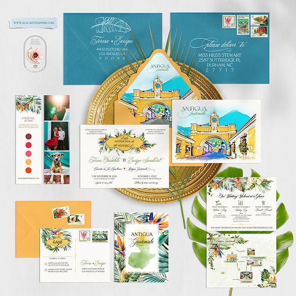 Guatemala Antigua Bilingual Spanish Watercolor Destination Wedding Invitations
