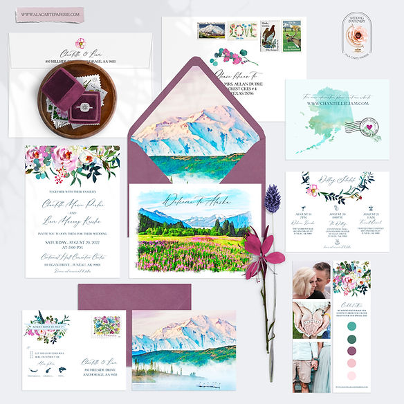 Juneau Alaska USA Coastal Watercolor Illustrated Destination Wedding Invitations