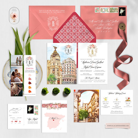 Madrid Spain Watercolor Illustrated Destination Wedding Invitation Set