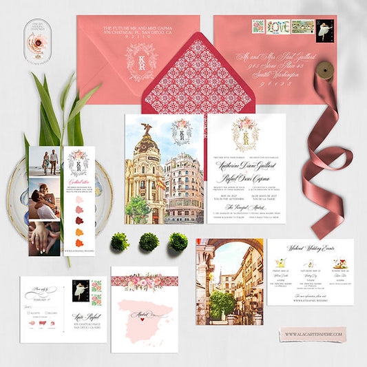 Madrid Spain Watercolor Illustrated Destination Wedding Invitation Set