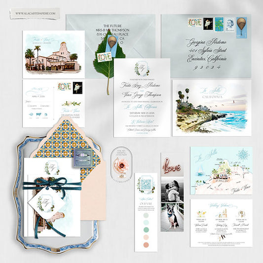 La Jolla California La Valencia Watercolor Destination Wedding Invitation Set