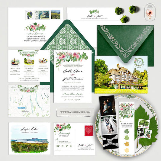 Finger Lakes NY Winery Wine Watercolor Destination Wedding Invitation Set