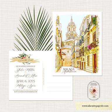 Malaga Spain Andalusia Save the Date Postcard Invitation Watercolor Invitations
