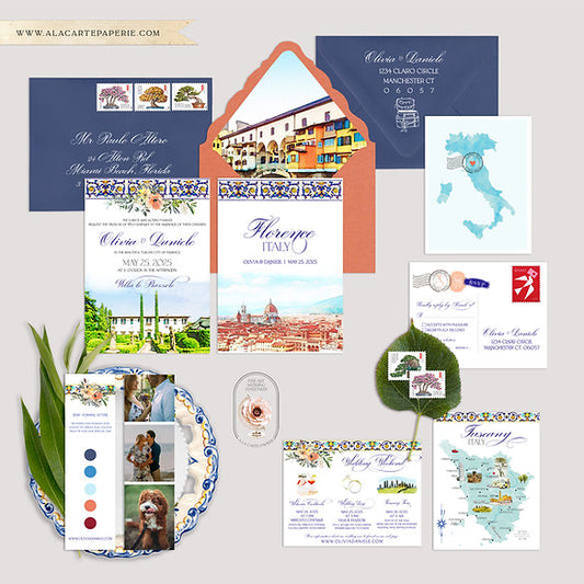 Florence Tuscany Italy Villa Piazzole Watercolor Destination Wedding Invitation