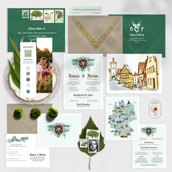 Germany Rothenburg Bilingual German Watercolor Destination Wedding Invitations