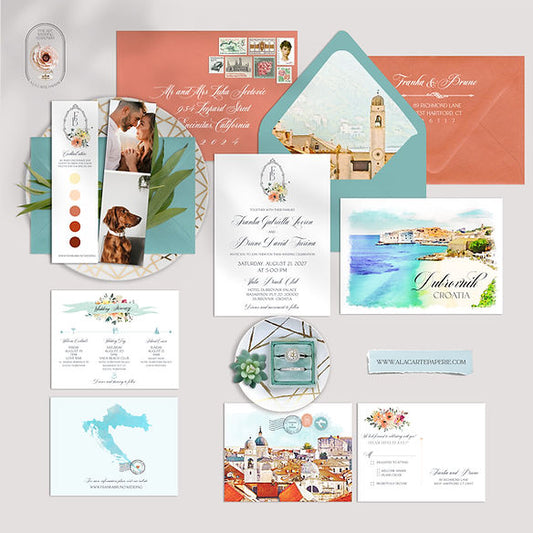 Dubrovnik Croatia European Watercolor Illustrated Destination Wedding Invitation