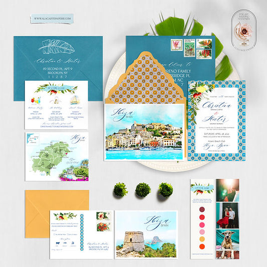 Ibiza Spain Balearic Island Watercolor Illustrated Destination Wedding Invitatio