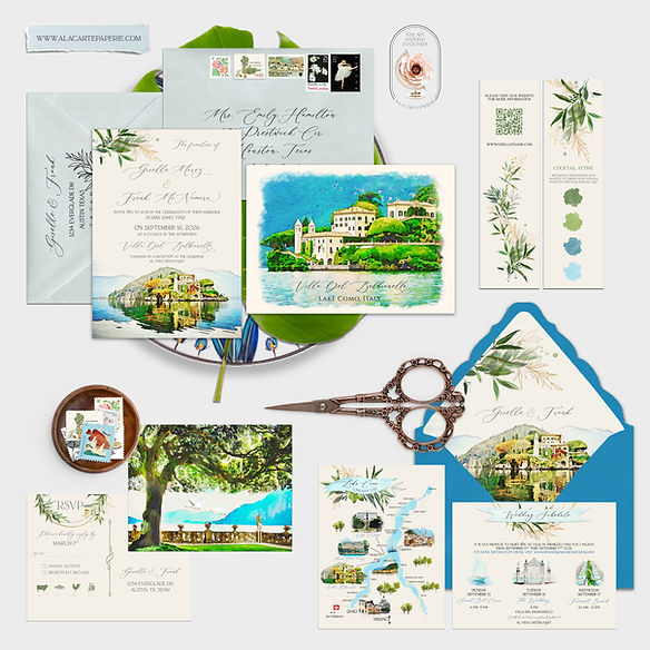 Lake Como Villa del Balbianello Italy Watercolor Destination Wedding Invitations