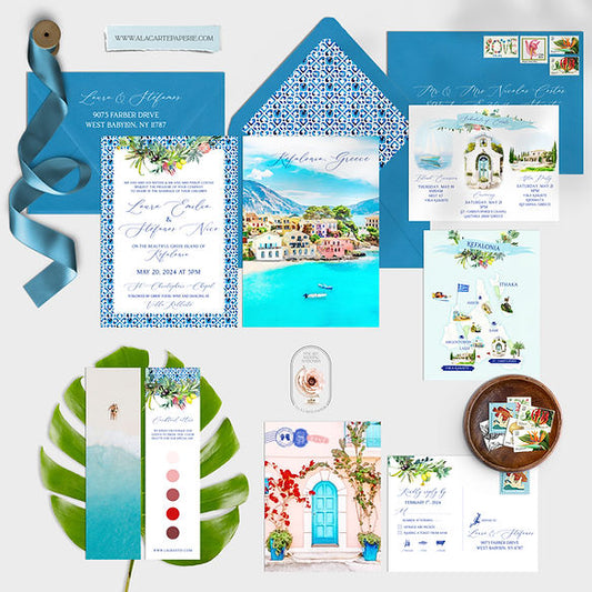 Kefalonia Greece Destination Wedding Invitation Greek Island Watercolor Set
